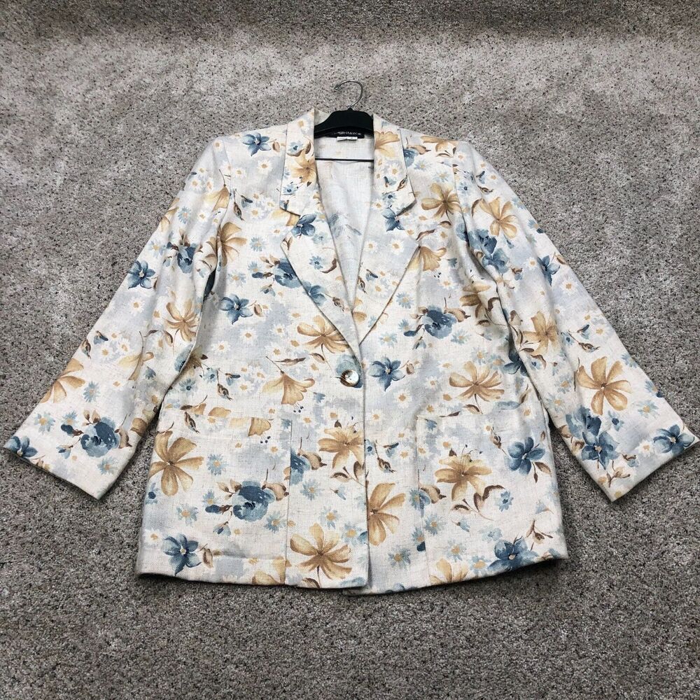 VINTAGE Sag Harbor Jacket Womens 8 White Blue Linen Floral Blazer Sport Coat